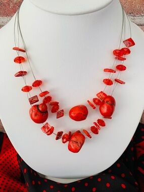 Estate Red Double Strand Stone and Bead Necklace